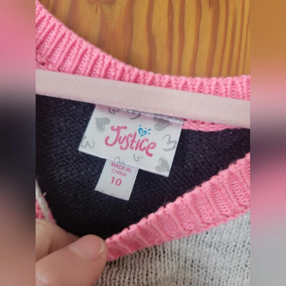 Girls Justice Pink Fuzzy Heart Sweater with Cream And Black Stripes 10